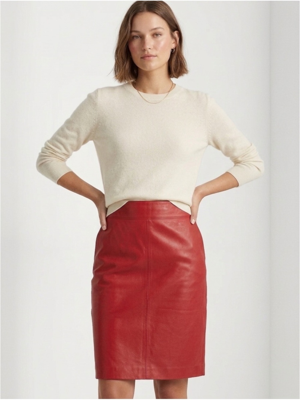 Lauren Ralph Lauren Red Lambskin Leather Pencil Skirt  High Waist Size 8